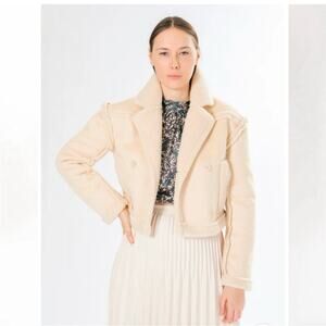 Area Stars Bomber Jacket Coat Ivory Faux Suede Sherpa Double Breast Crop M NEW